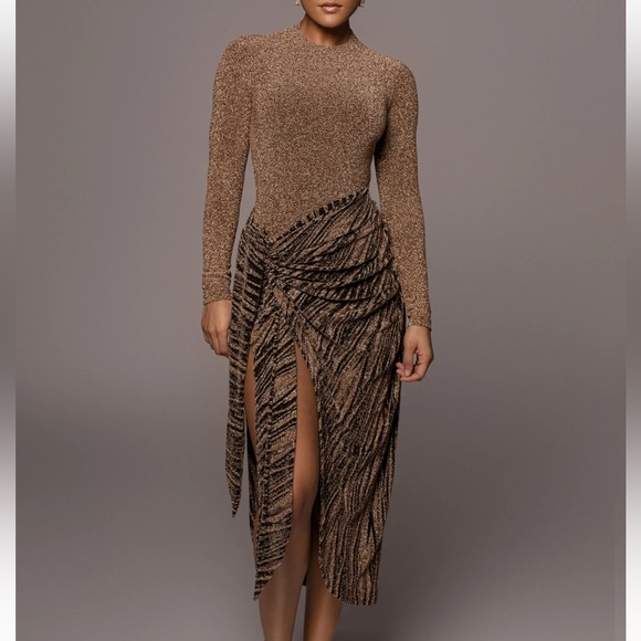 JLUXLABEL Glittering High Low Dress in Gold and Black - Picture 2 of 6